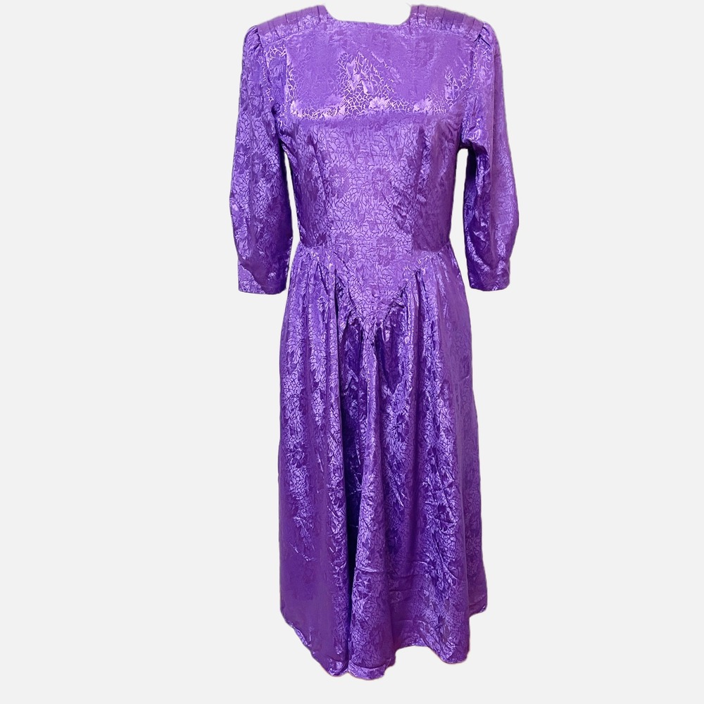 Erika's Place Vintage 80s Purple Floral Jacquard Basque Waist Maxi Dress Size 7